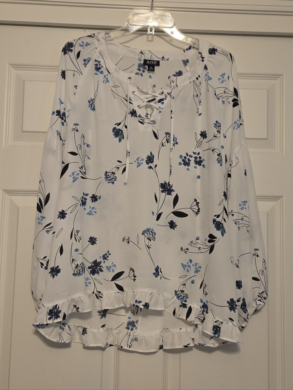 a.n.a White Floral Lace-Up Peasant Blouse - Blue & Black Print